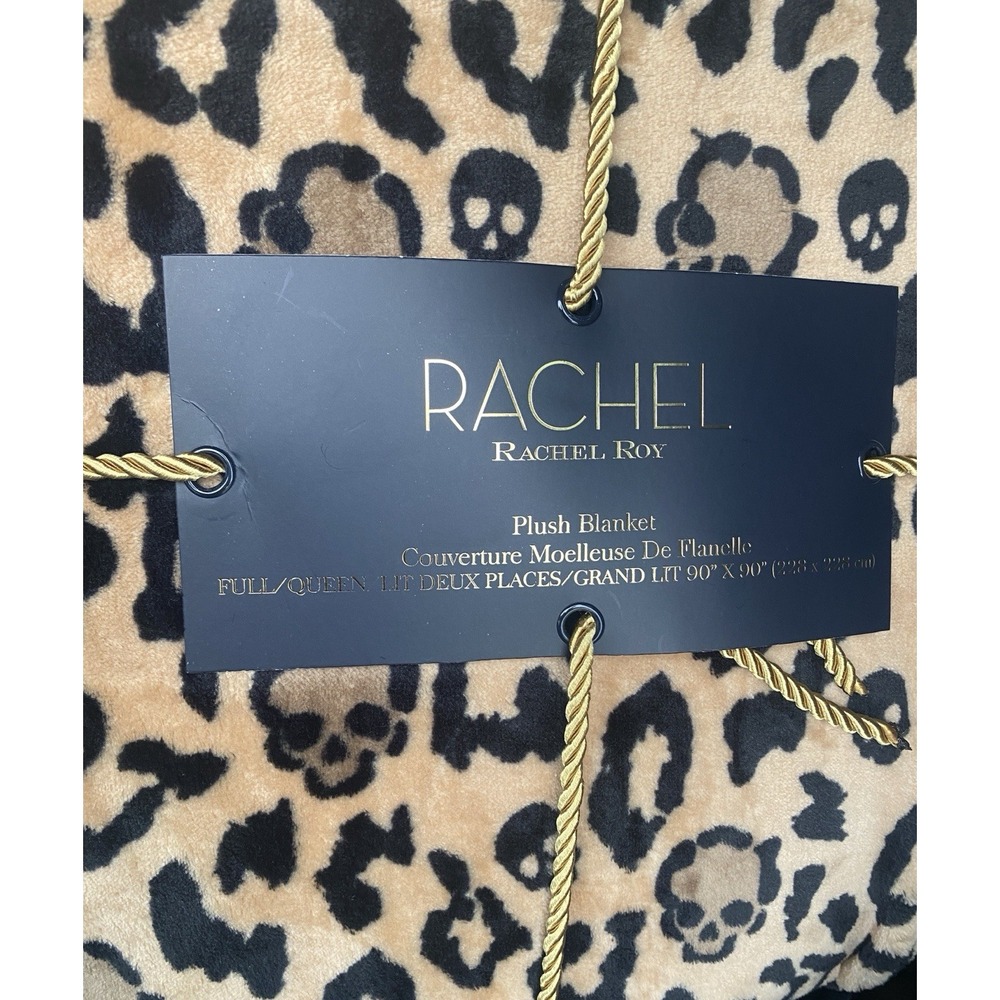 RACHEL Rachel Roy Plush Blanket Full Queen Leopard Skull Tan Black NWT 90x90